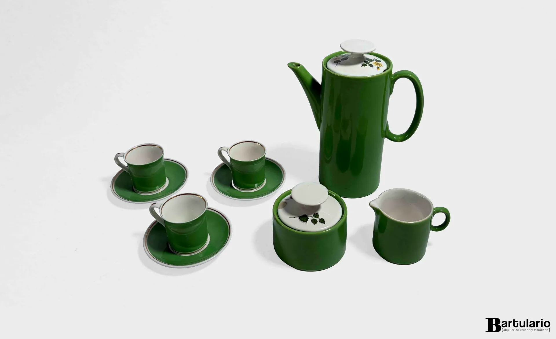 Set de Café losa Hartford verde con flores ( 3 tazas + cafetera + lechera + azucarera)