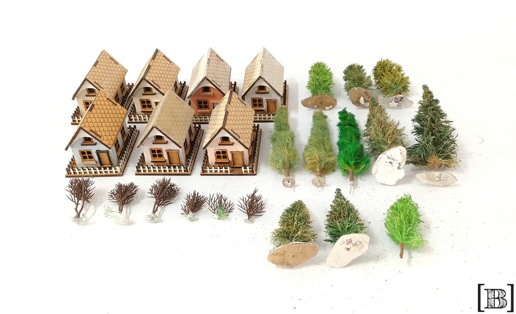 [DM000447] Set ferromodelismo Casas x 7 Unidades + 11 arboles + 6 arbustos