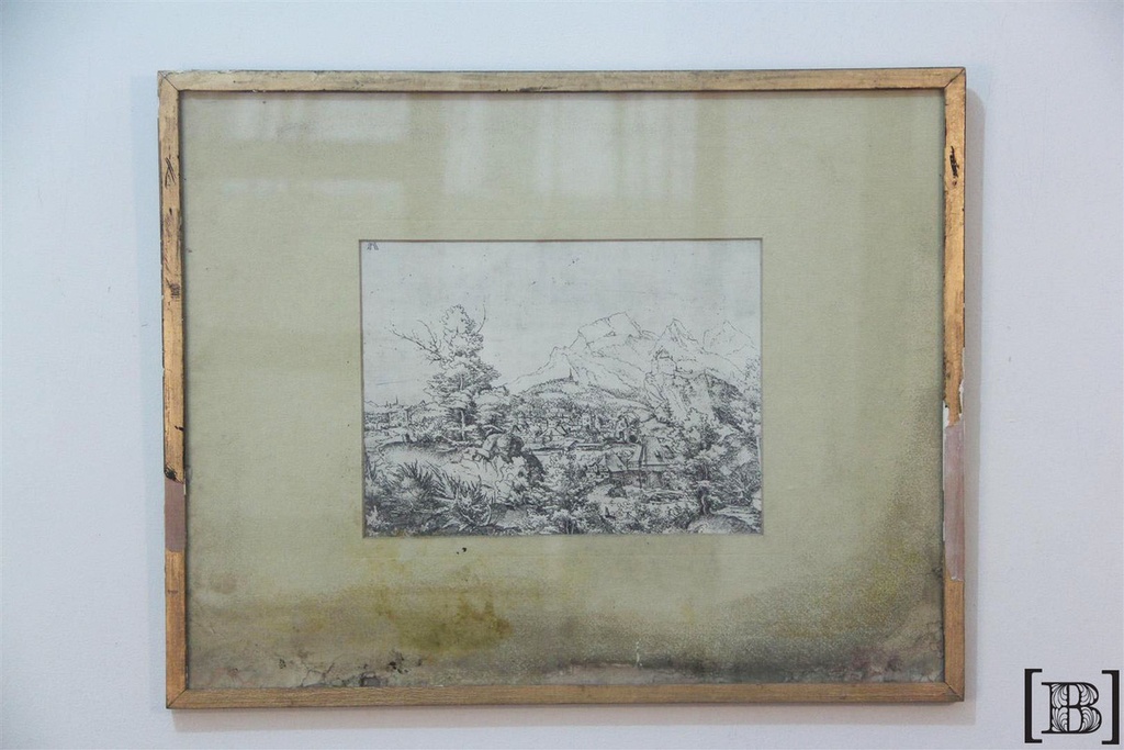 [DP00052] Cuadro marco dorado grabado montañas