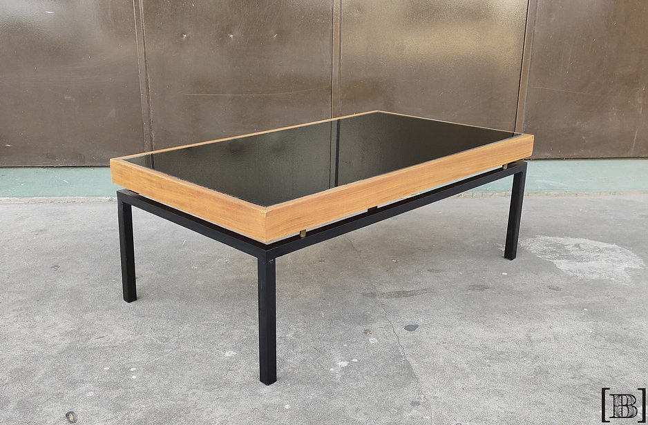 [MA00024] Mesa madera y hierro con vidrio negro